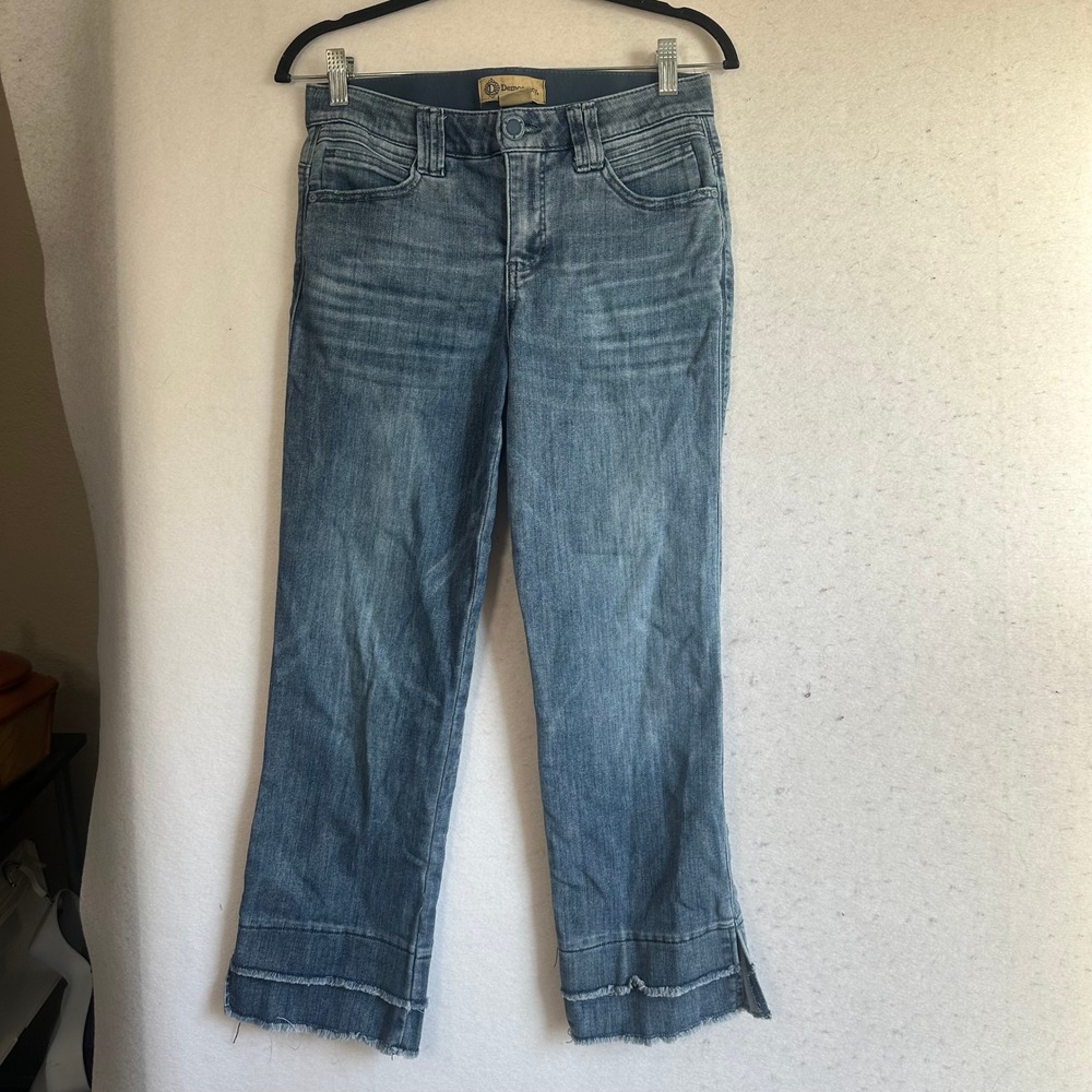 Democracy Ab Technology Straight Leg Crop Jeans Blue Raw Hem Side Slit Size 6